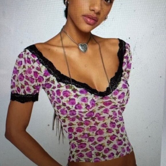 Kimchi Blue V Neck Mesh T- Shirt W/ Black Lace, Sz L, NWOT - Picture 2 of 7